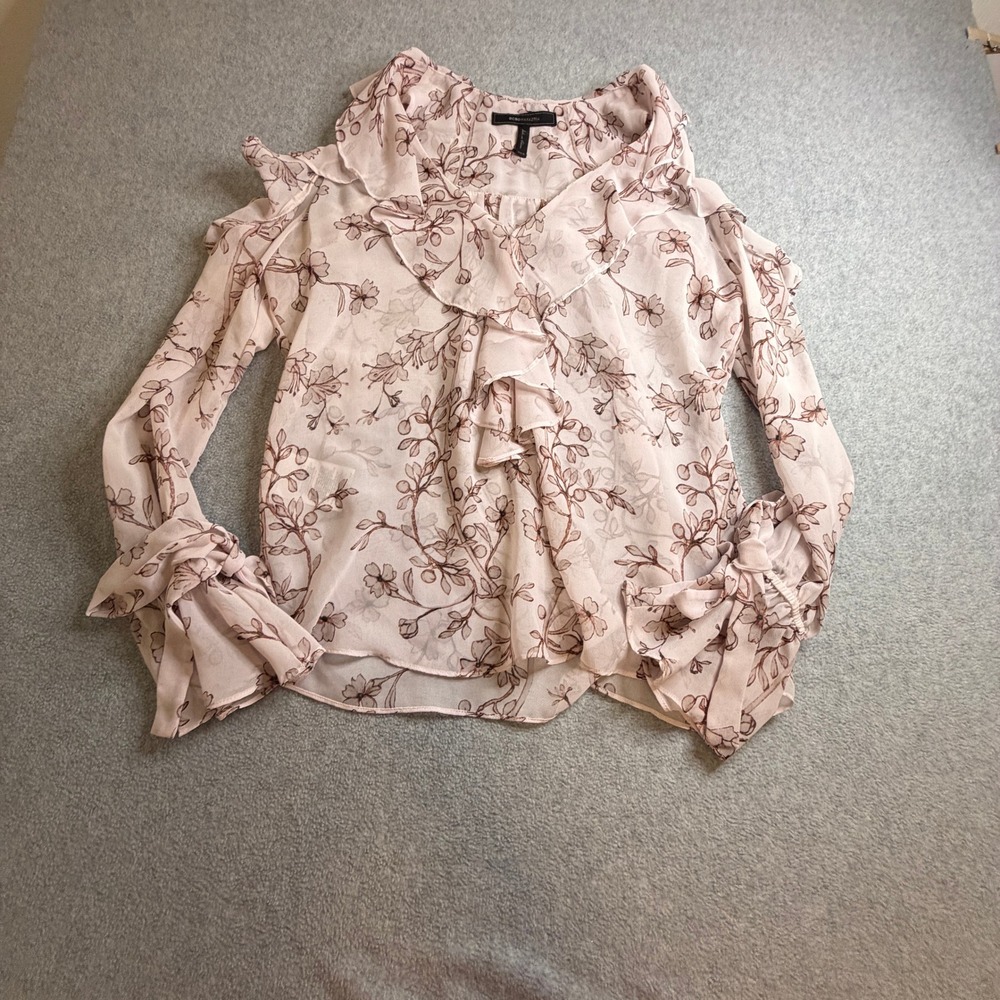 BCBGMAXAZRIA Womens XXS Pink Floral Cold Shoulder Ruffle Blouse Tie Cuff Top
